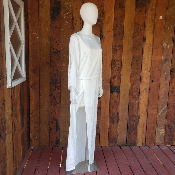 Halston Heritage Satin Wrap Effect Gown Off-white - Picture 9 of 16